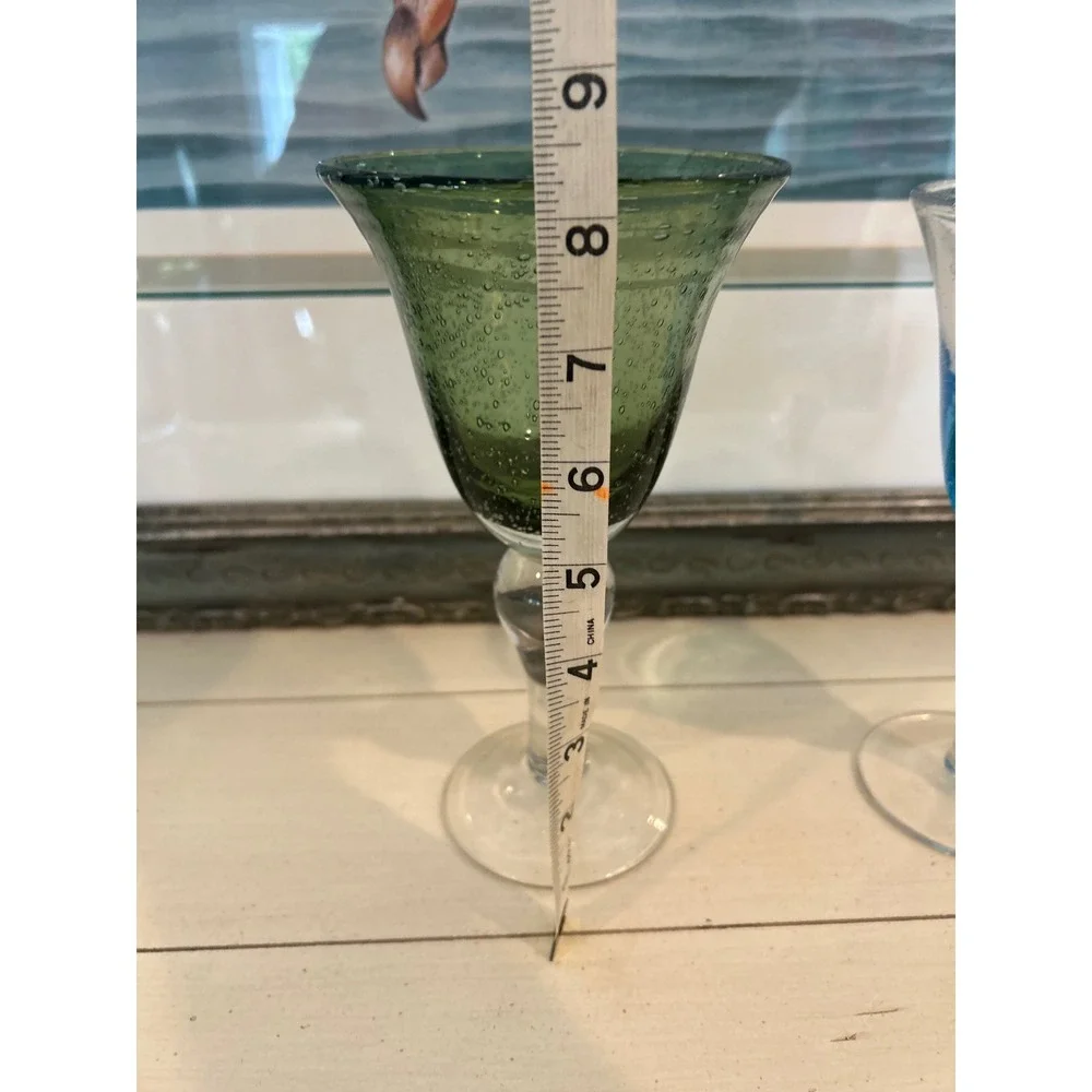 Hand Blown Seed Bubble Art Glass Wine Goblets Green Blue Set of 2 8.5
